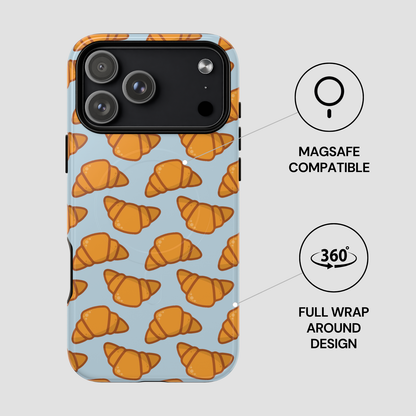 Phone case with croissant pattern and Magsafe compatibility on a light gray background | Casenari