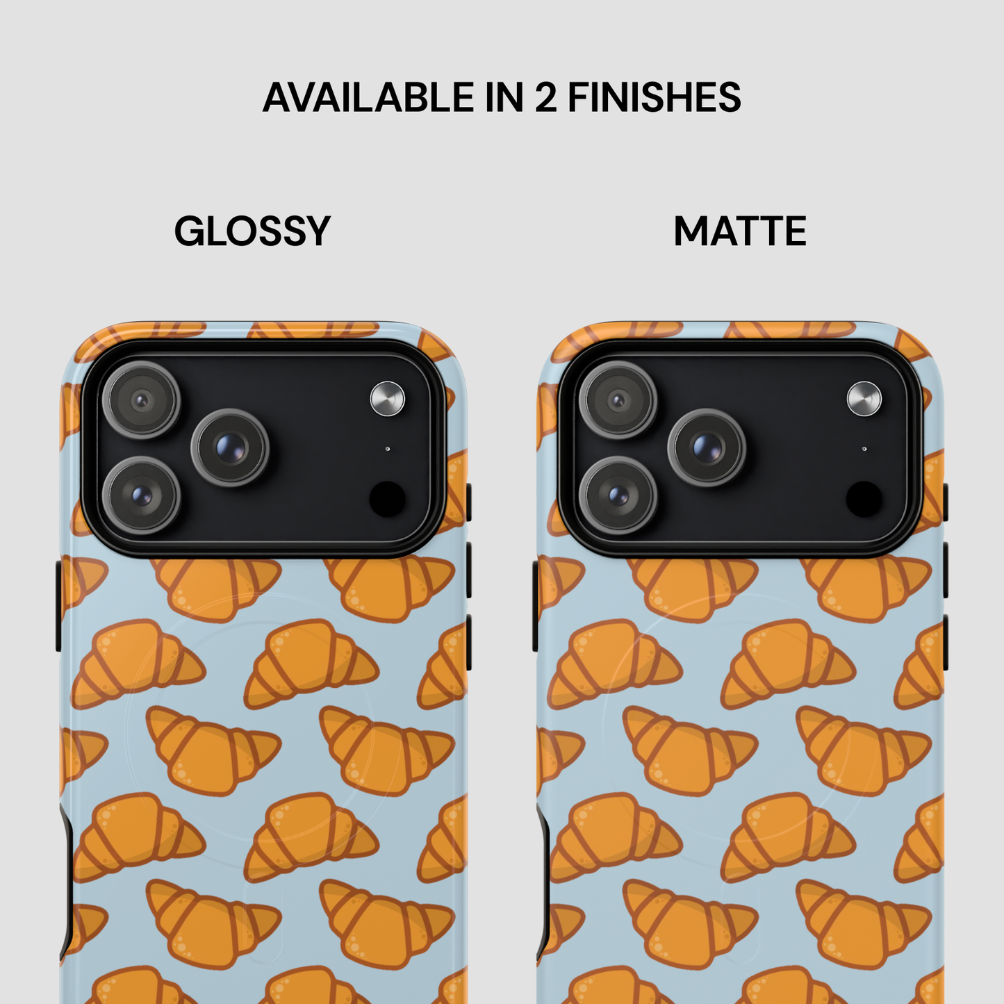 Two phone cases with croissant pattern, one glossy and one matte, on a light blue background. | Casenari