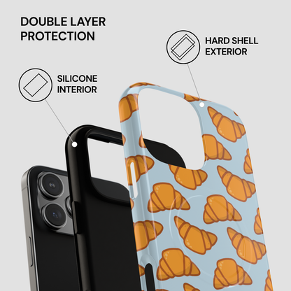 Phone case with croissant pattern and text about double layer protection on a light gray background | Casenari