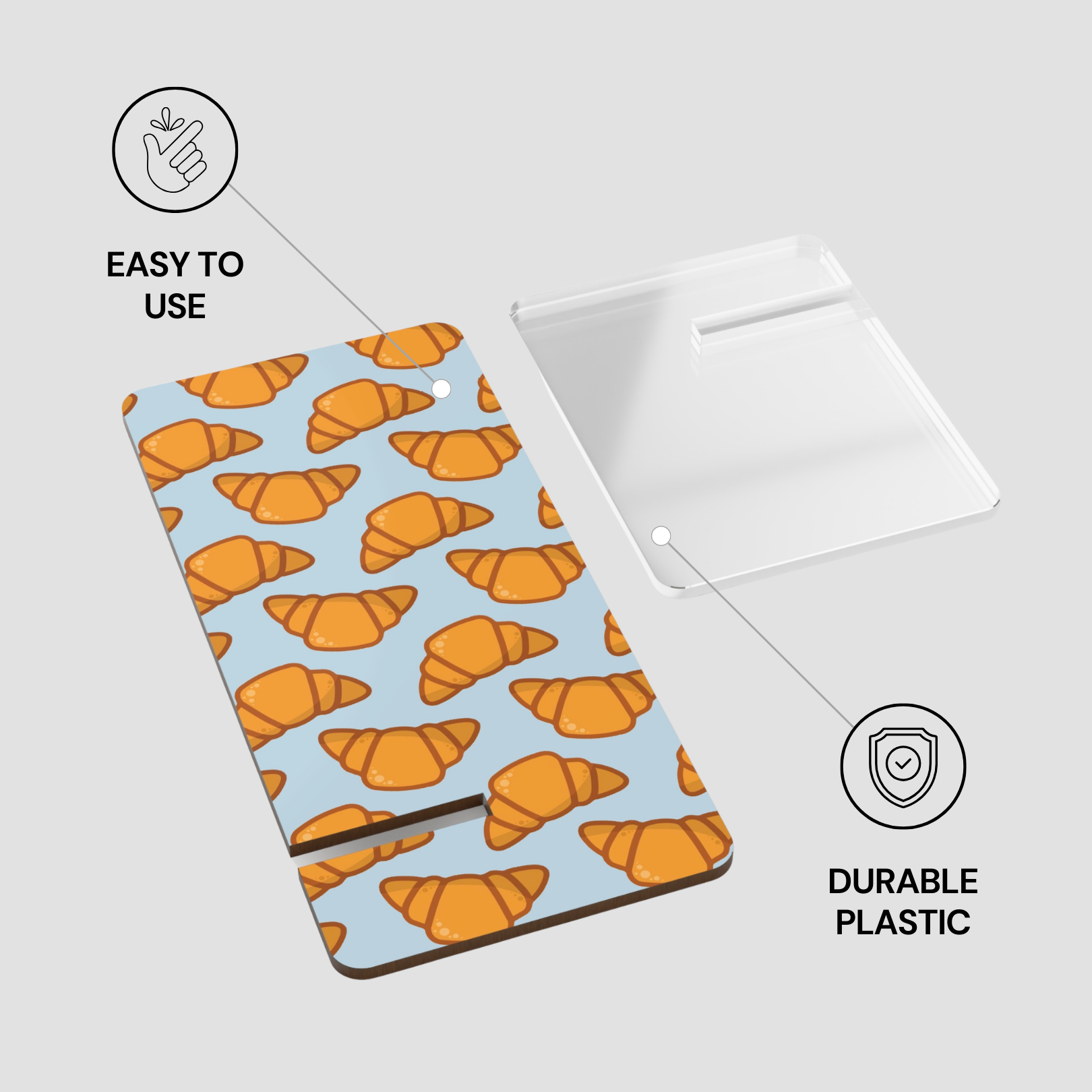 Product with croissant pattern on a light blue background, labeled 'Easy to use' and 'Durable plastic'. | Casenari