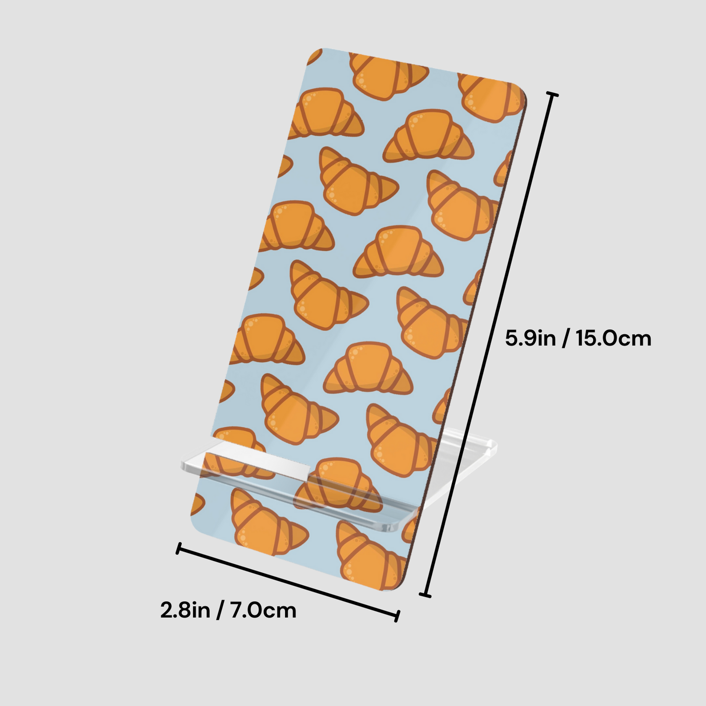 Rectangular pouch with croissant pattern and measurements on a light gray background | Casenari