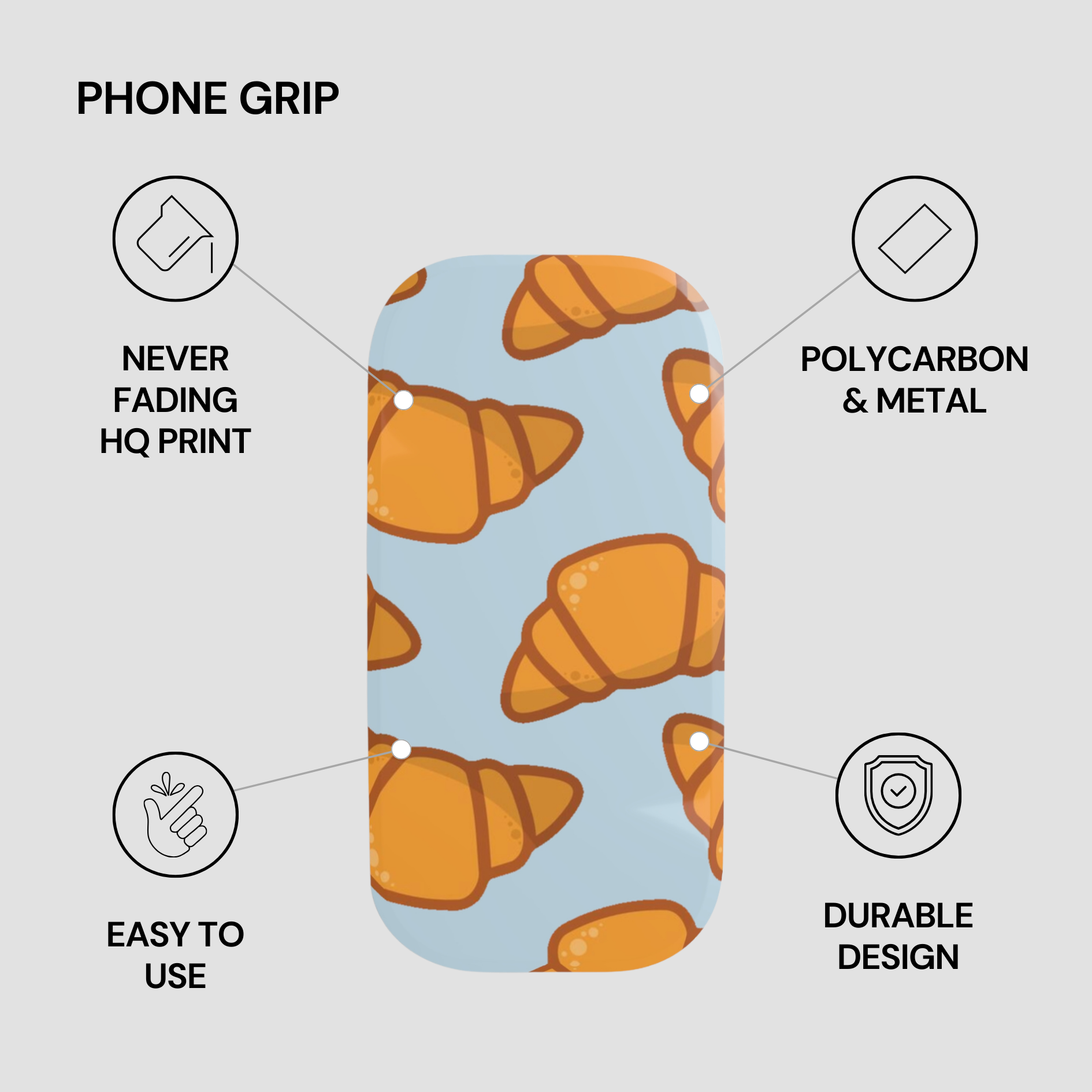 Phone grip with croissant pattern on a light blue background, featuring text about product features. | Casenari
