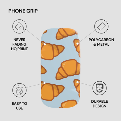 Phone grip with croissant pattern on a light blue background, featuring text about product features. | Casenari