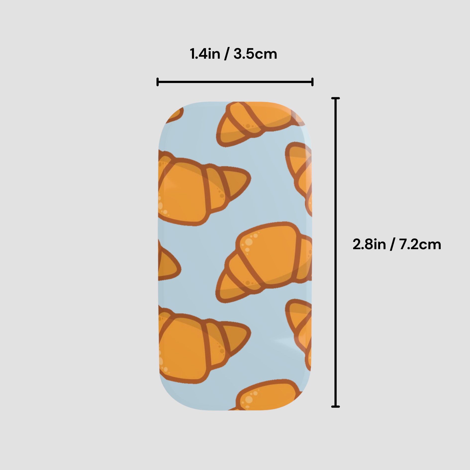 Phone case with croissant pattern and measurements on a light gray background | Casenari