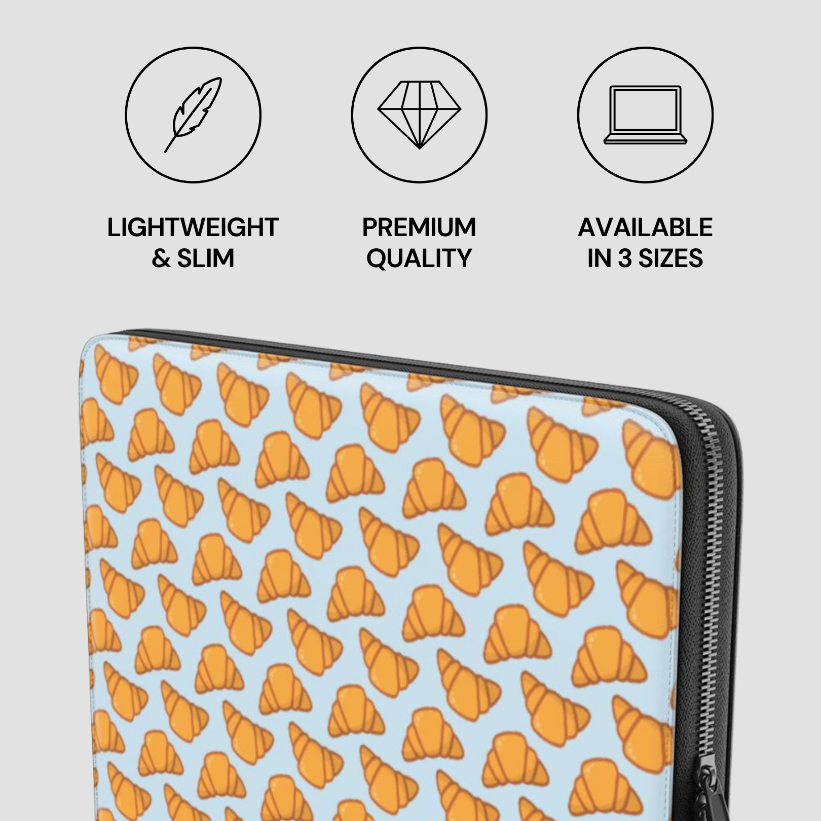 Laptop sleeve with croissant pattern and product features on a light gray background | Casenari