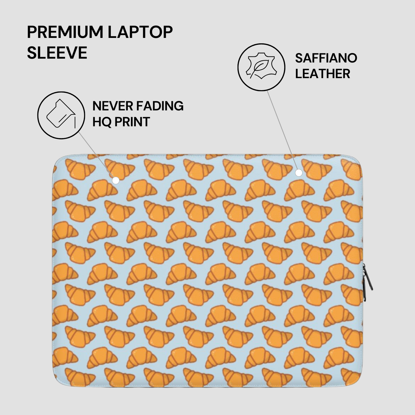 Laptop sleeve with croissant pattern on a light blue background | Casenari