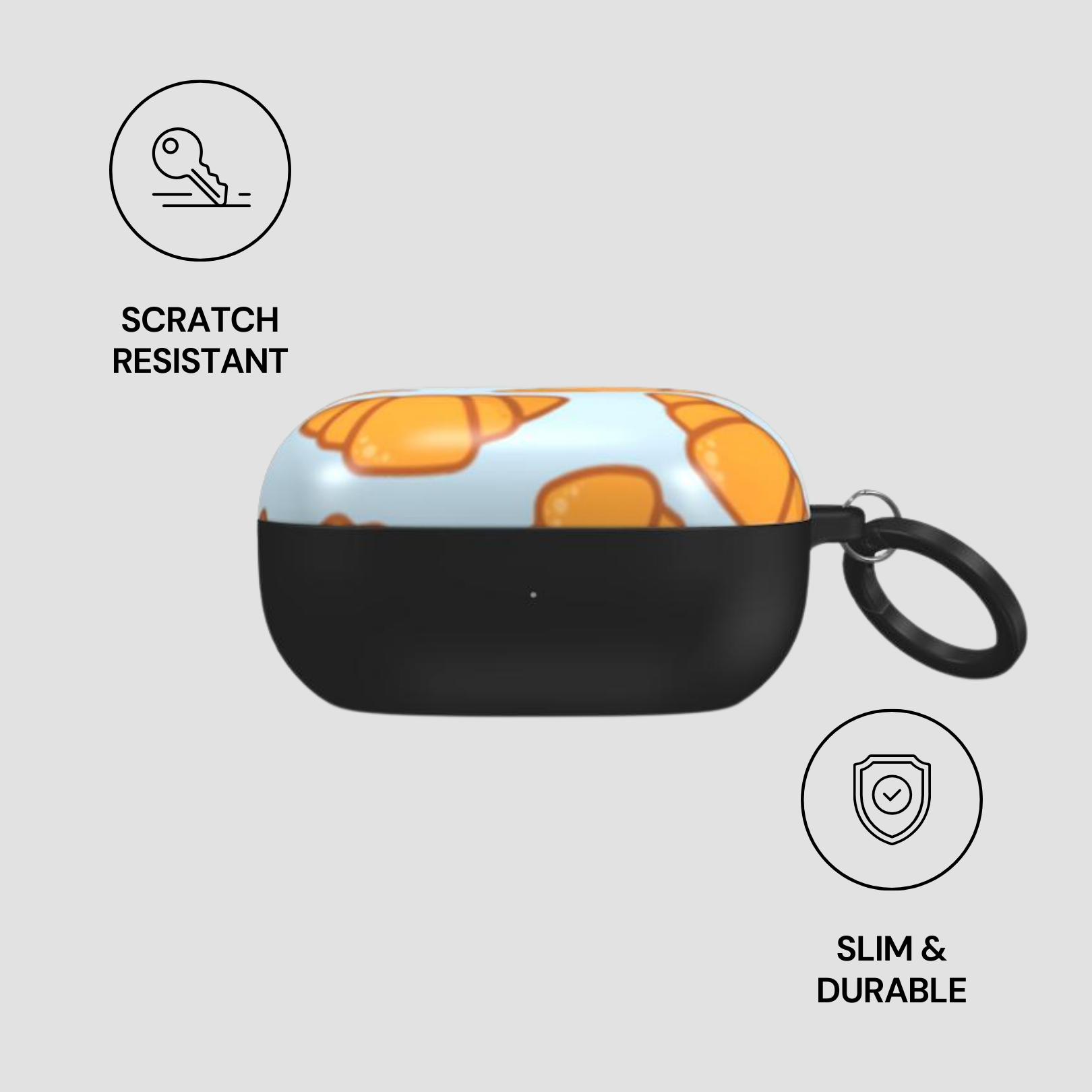Black case with cartoon design on a light gray background, featuring 'Scratch Resistant' and 'Slim & Durable' icons. | Casenari