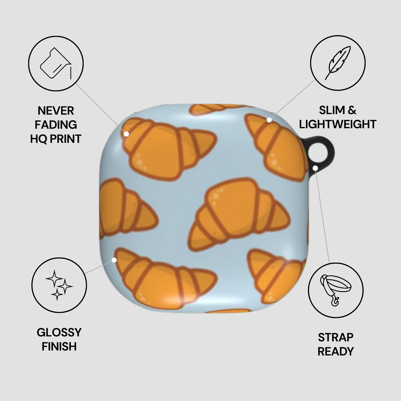 Product packaging with croissant pattern on a light blue background, featuring text on product attributes. | Casenari