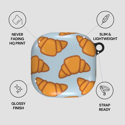 Product packaging with croissant pattern on a light blue background, featuring text on product attributes. | Casenari