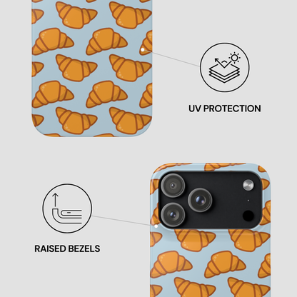 Phone case with croissant pattern and UV protection and raised bezels features | Casenari