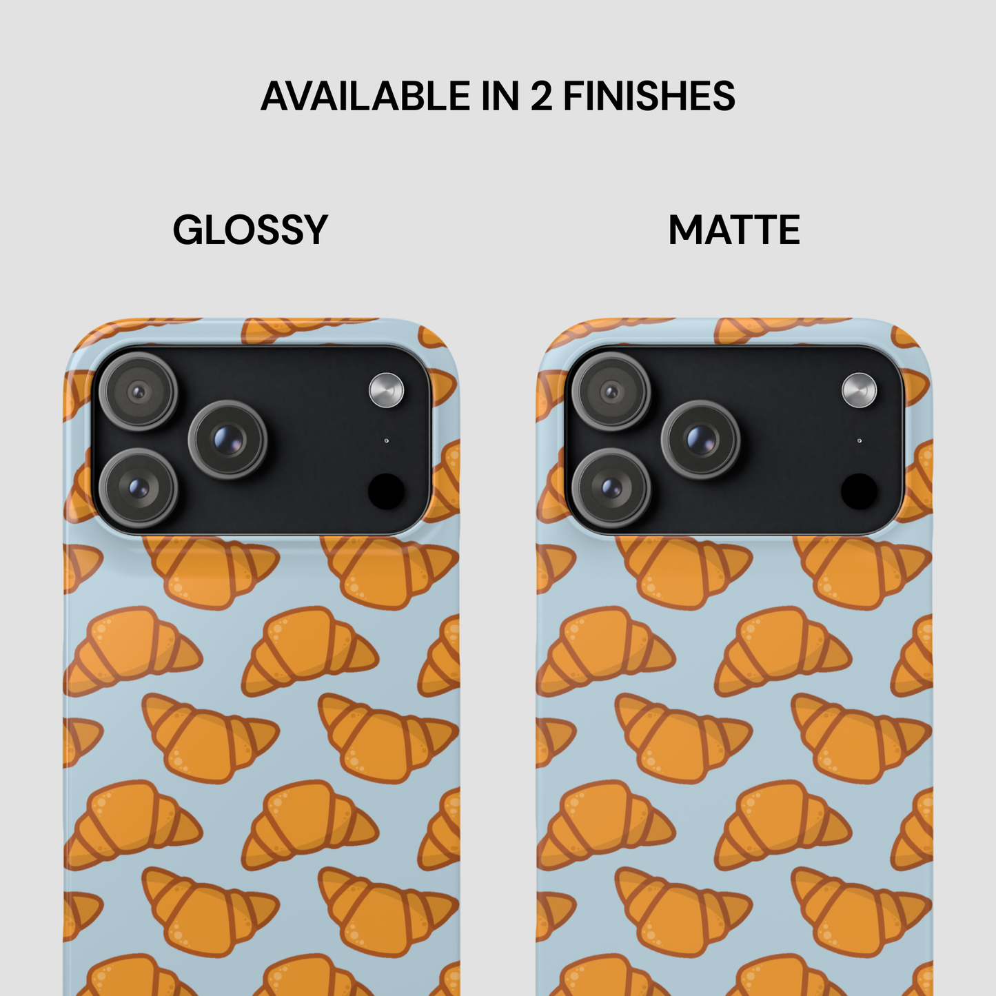 Two phone cases with croissant pattern, one glossy and one matte, on a light blue background. | Casenari