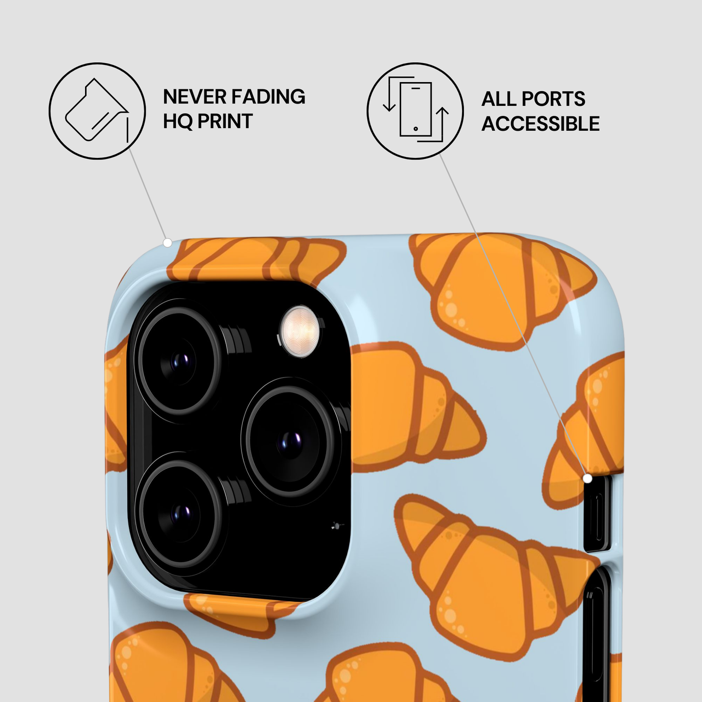 Phone case with croissant pattern and features listed on a light gray background | Casenari