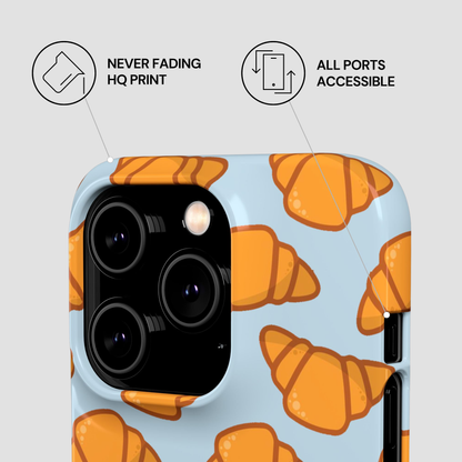 Phone case with croissant pattern and features listed on a light gray background | Casenari