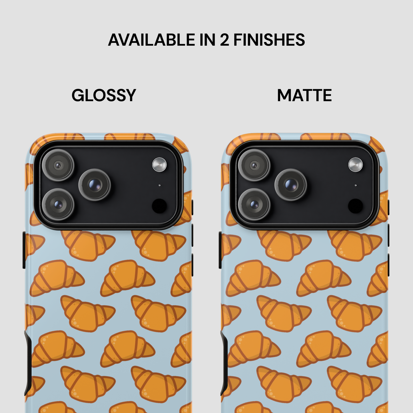 Phone case with croissant pattern on a light blue background, available in glossy and matte finishes. | Casenari
