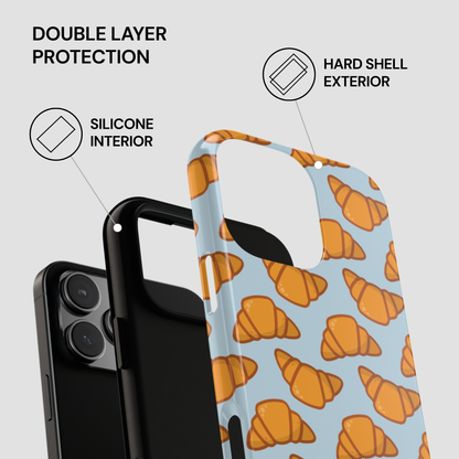 Phone case with croissant pattern and text about double layer protection on a white background | Casenari