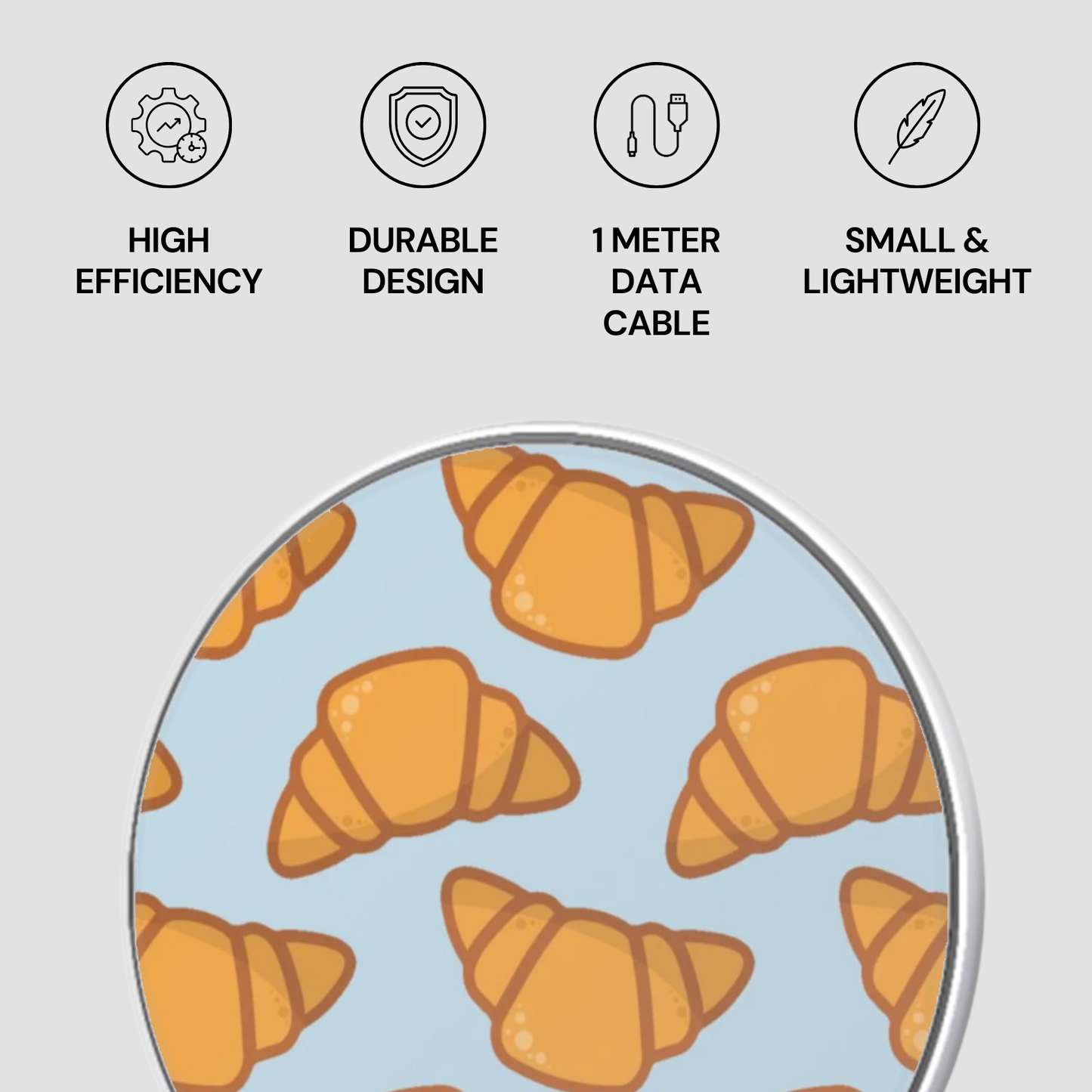 Product with croissant pattern and feature icons on a light gray background | Casenari
