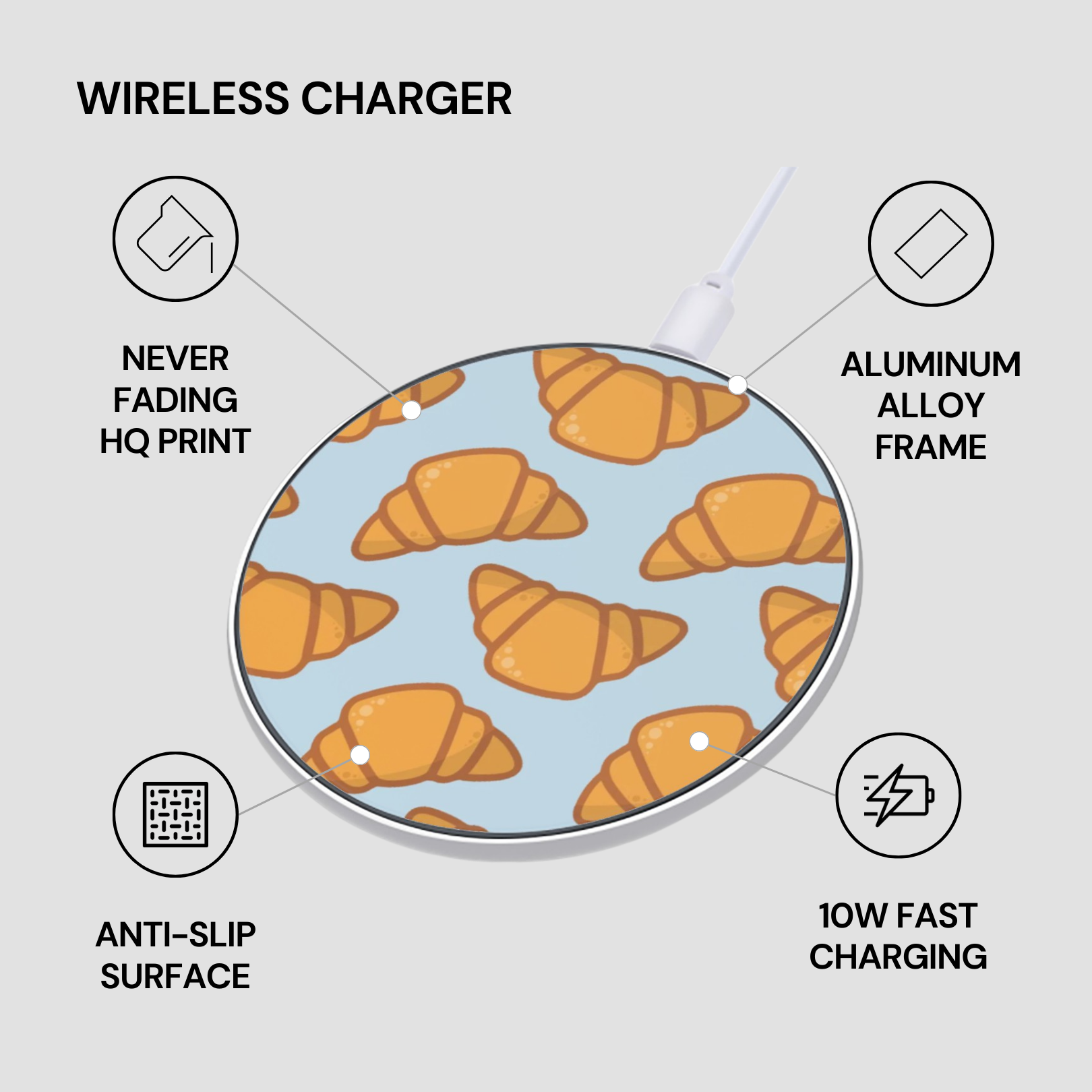 Wireless charger with croissant pattern on a light gray background | Casenari