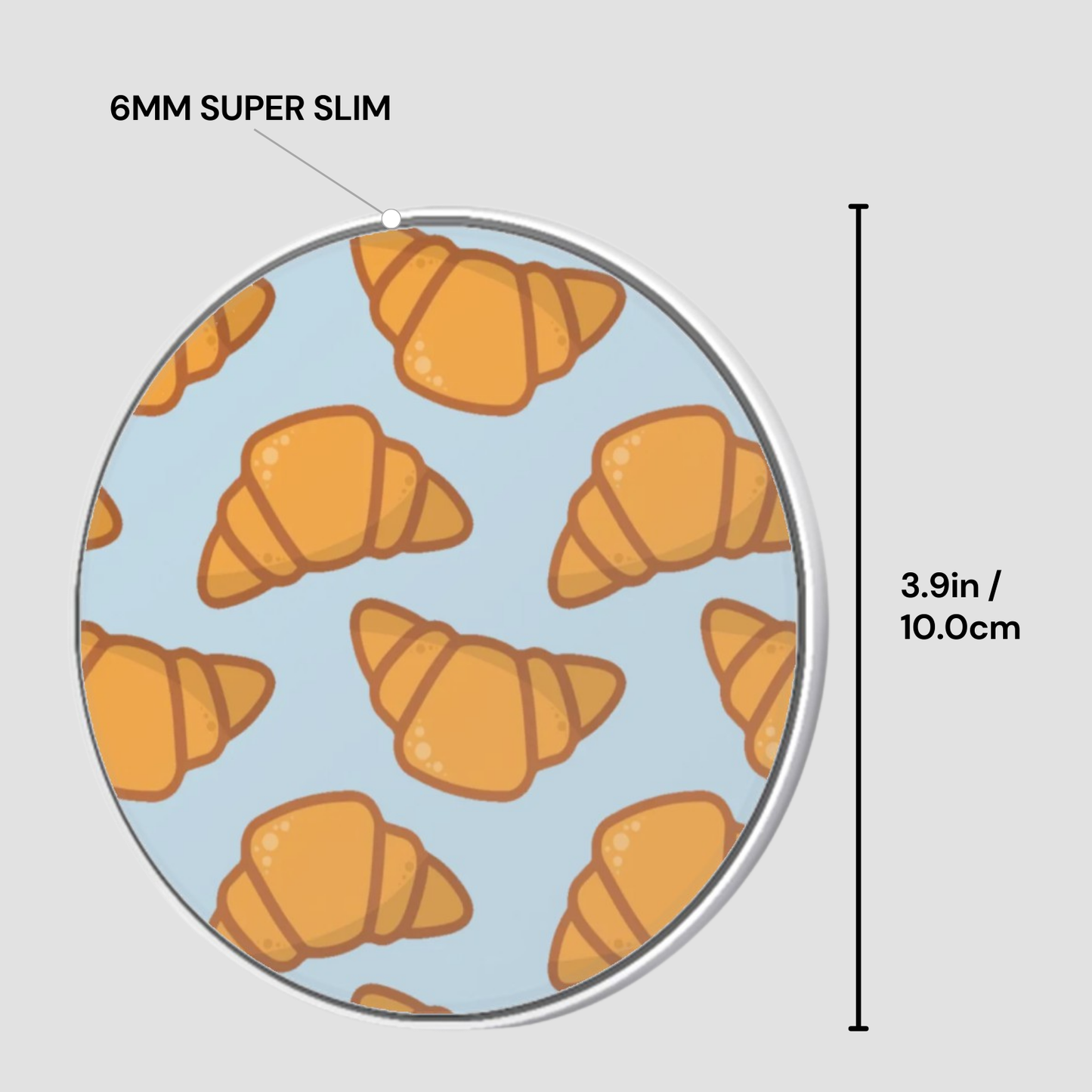 Circular product with croissant pattern and measurement details on a light gray background | Casenari