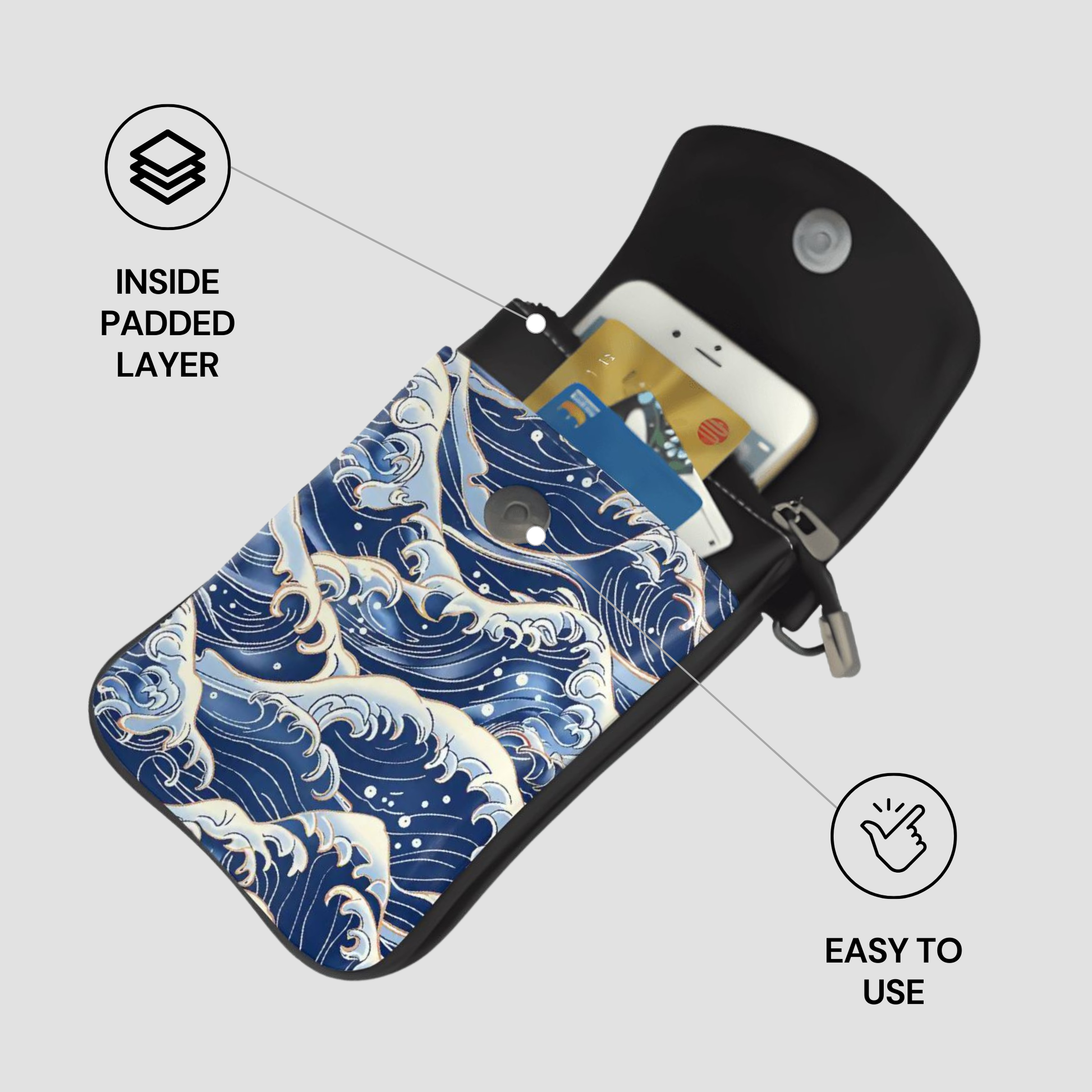 Pouch with wave pattern containing a phone and cards, labeled 'Inside Padded Layer' and 'Easy to Use'. | casenari