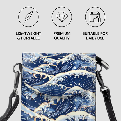 Blue wave patterned bag with black straps on a light gray background, featuring icons and text about product attributes. | casenari