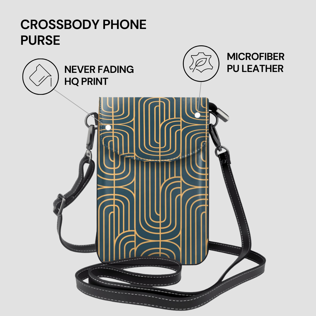 Crossbody phone purse with geometric pattern on a light gray background