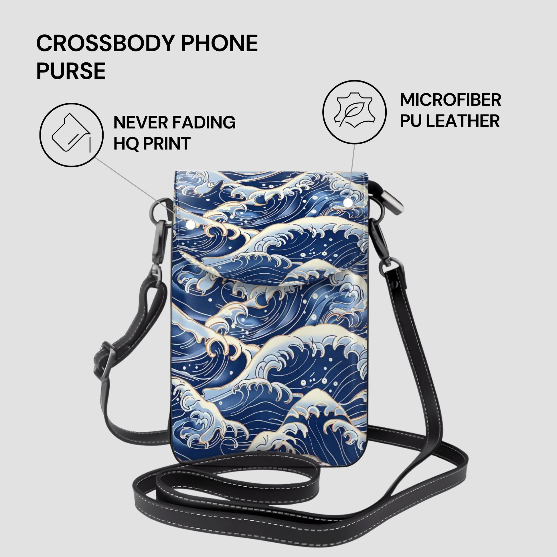 Crossbody phone purse with wave design and text highlighting features on a light gray background | casenari