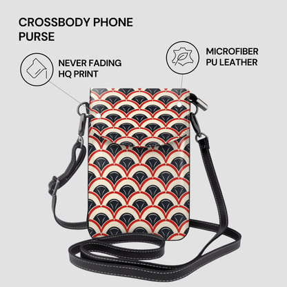 Crossbody phone purse with geometric pattern on a light gray background