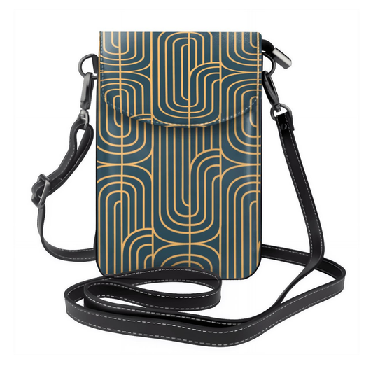 Crossbody bag with geometric pattern on a white background