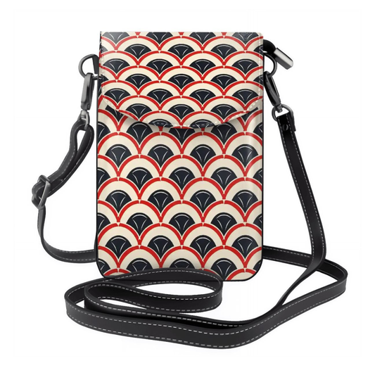 Phone case with geometric pattern and black strap on a white background
