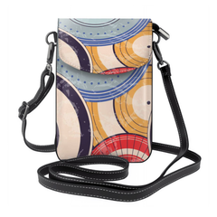Colorful patterned crossbody bag with a black strap on a white background