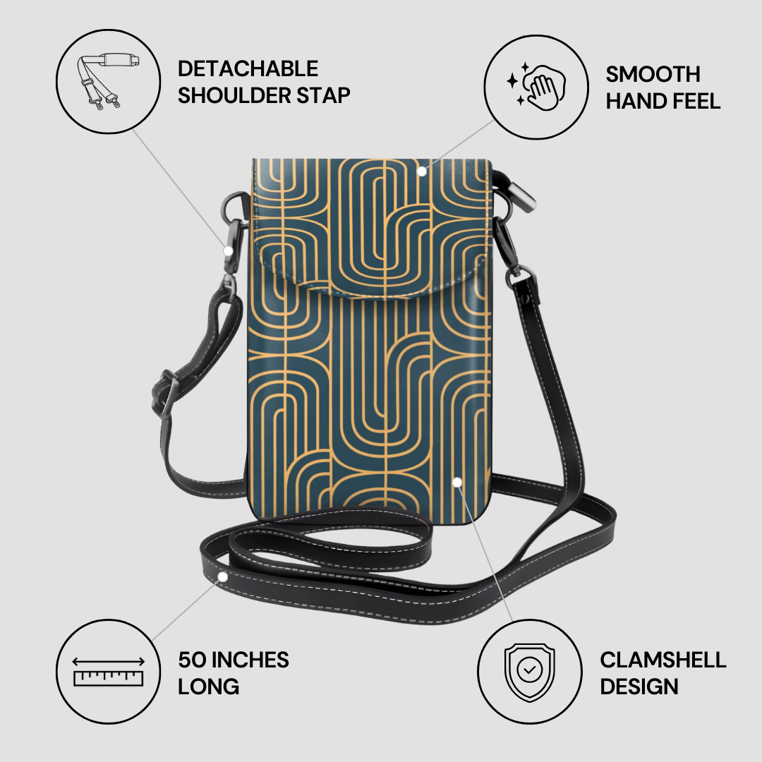 Phone case with crossbody strap on a light gray background, featuring text labels about features.