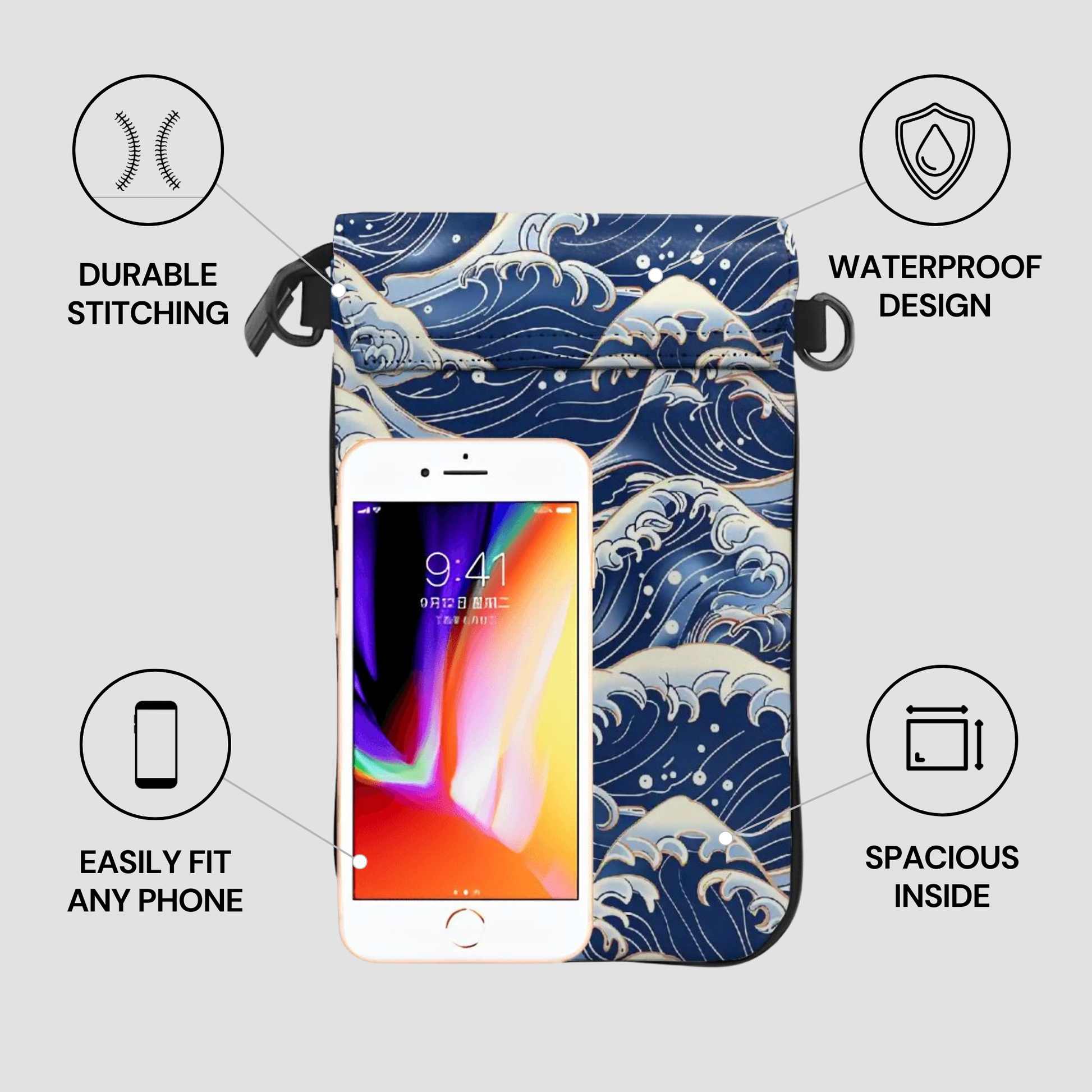 Phone case with wave design and phone inside, featuring durability and waterproof features. | casenari