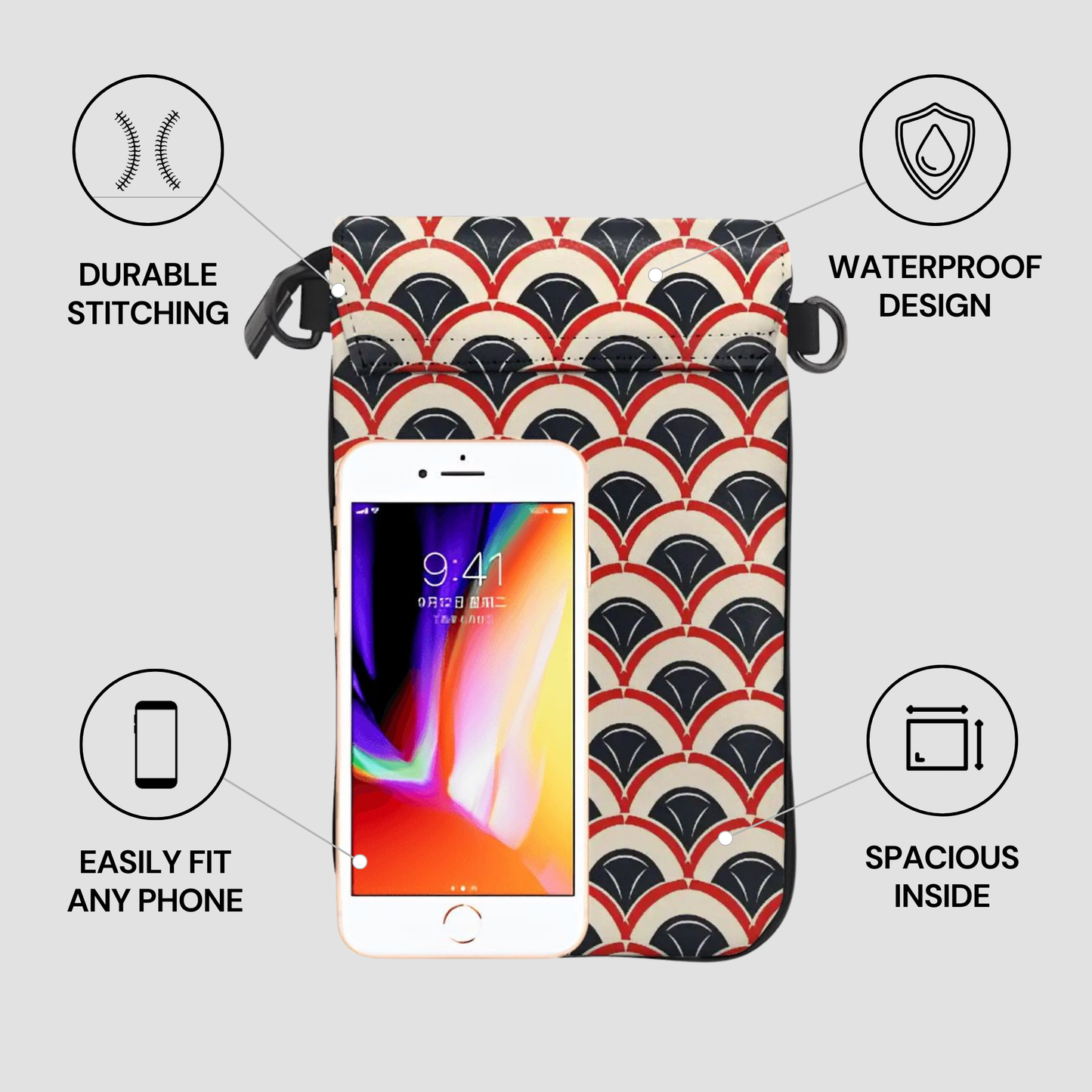 Phone case with a patterned design on a gray background, featuring text about its features.