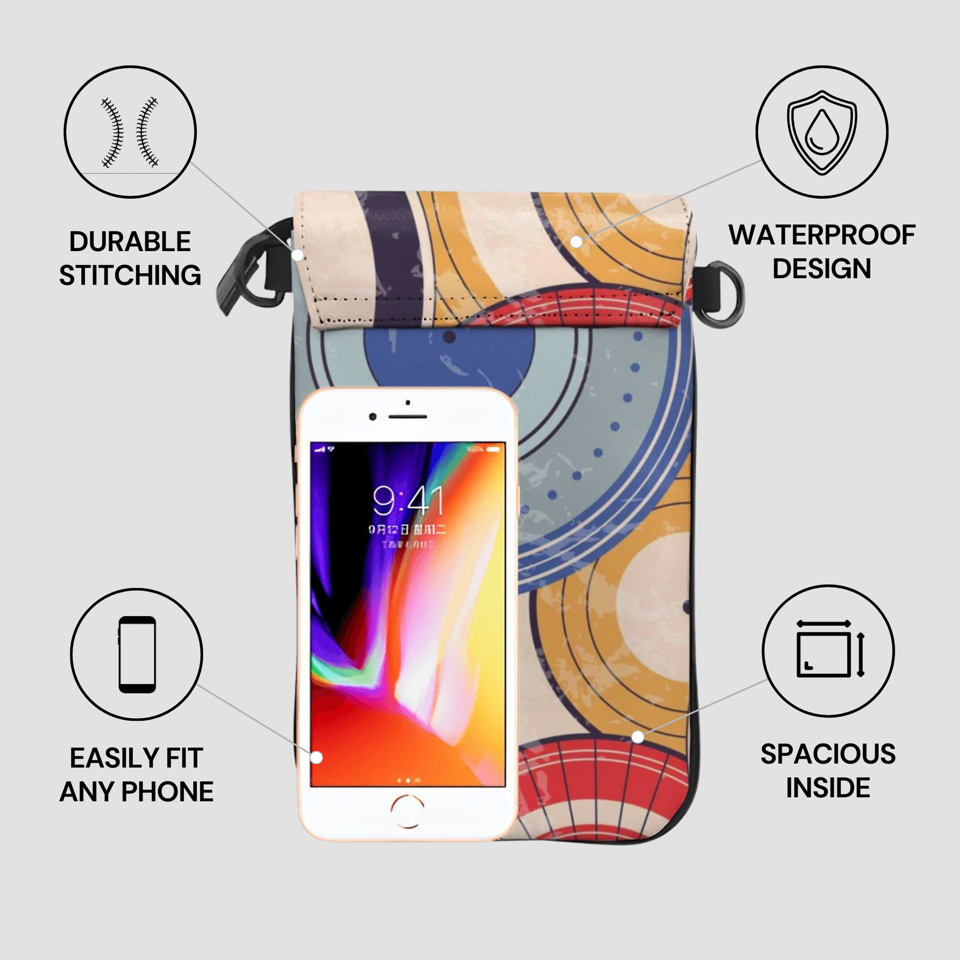 Colorful phone pouch with smartphone inside, featuring durability and waterproof design features.