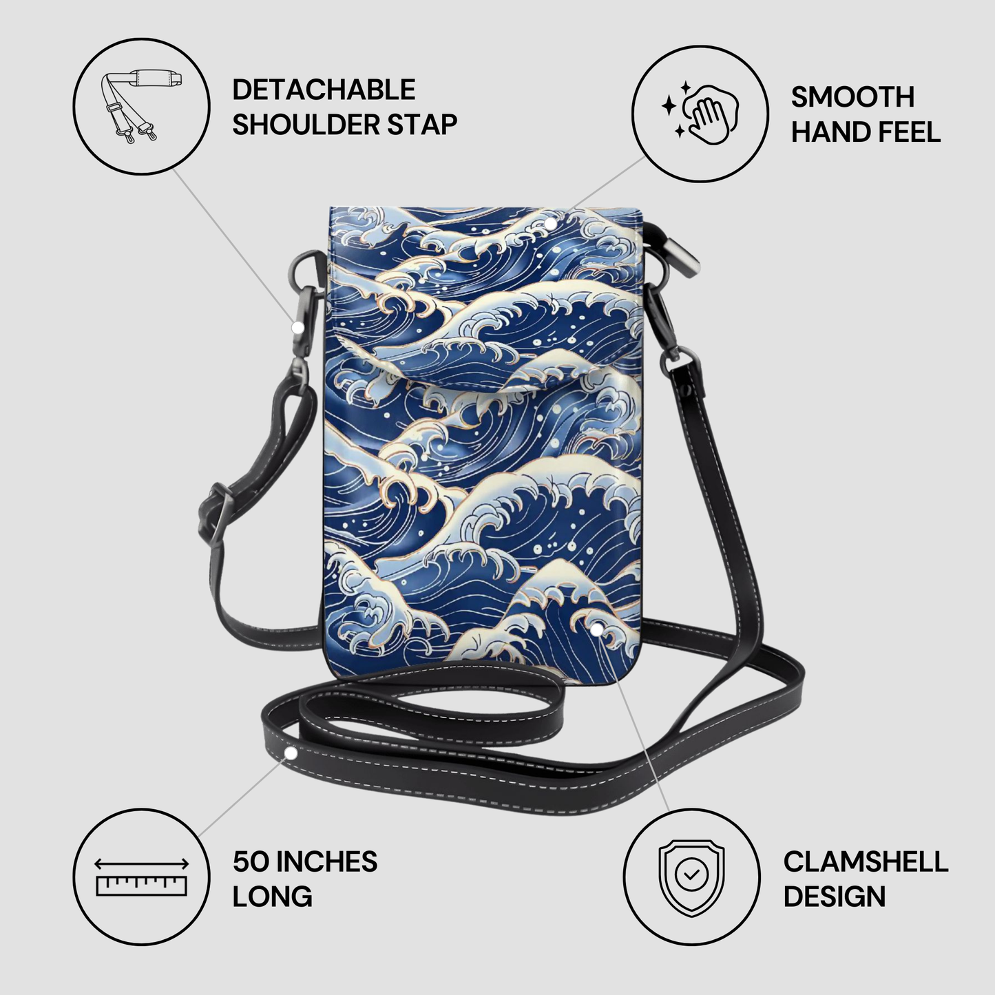 Phone case with wave design and features listed on a light gray background | casenari