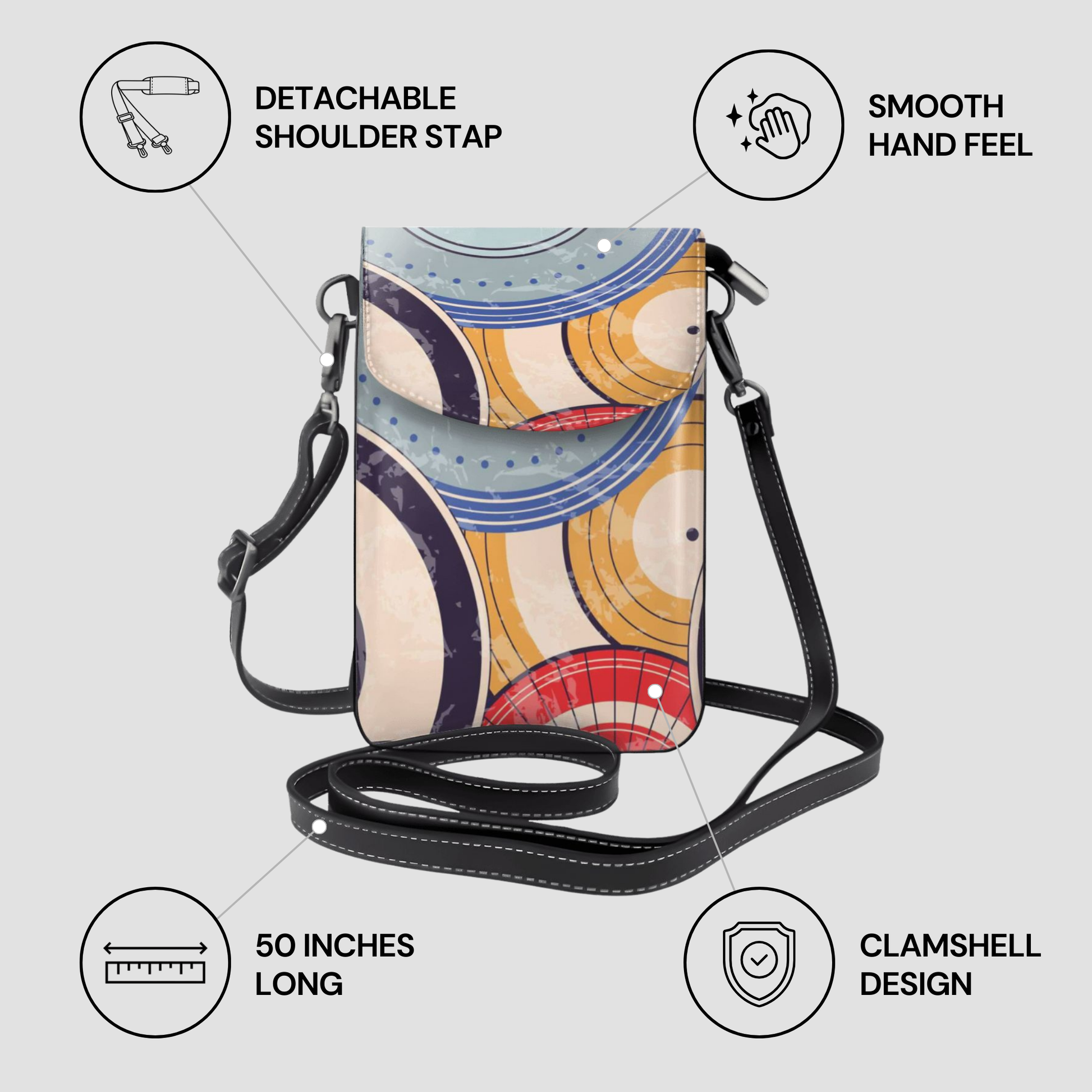 Colorful crossbody bag with features listed on a light gray background