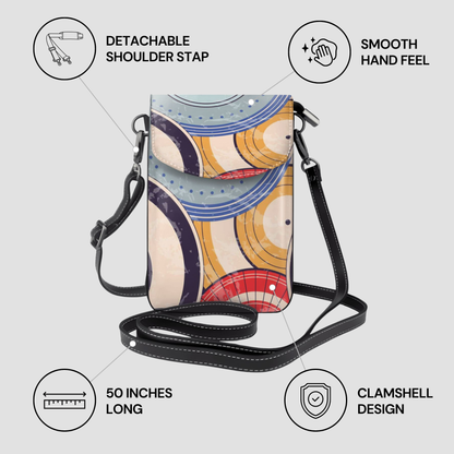 Colorful crossbody bag with features listed on a light gray background