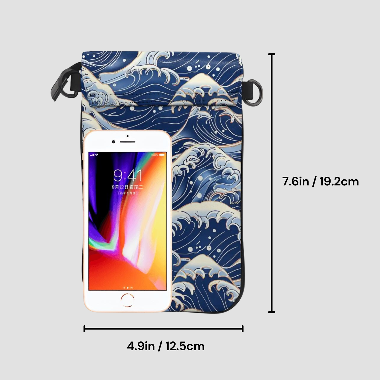 Phone case with wave design and smartphone inside, showing dimensions. | casenari