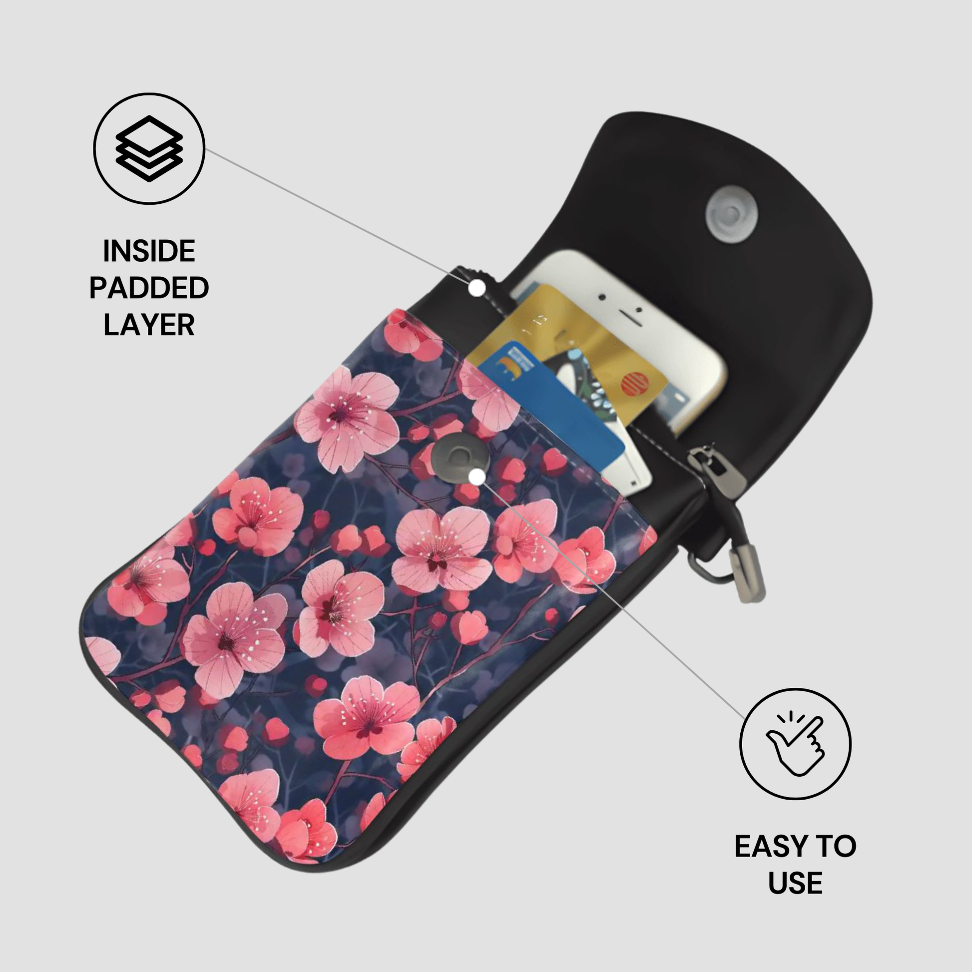 Floral-patterned pouch with phone and cards, labeled 'Inside Padded Layer' and 'Easy to Use'.