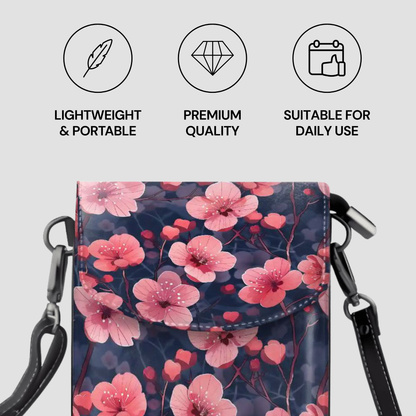 Floral patterned bag with features listed on a light gray background