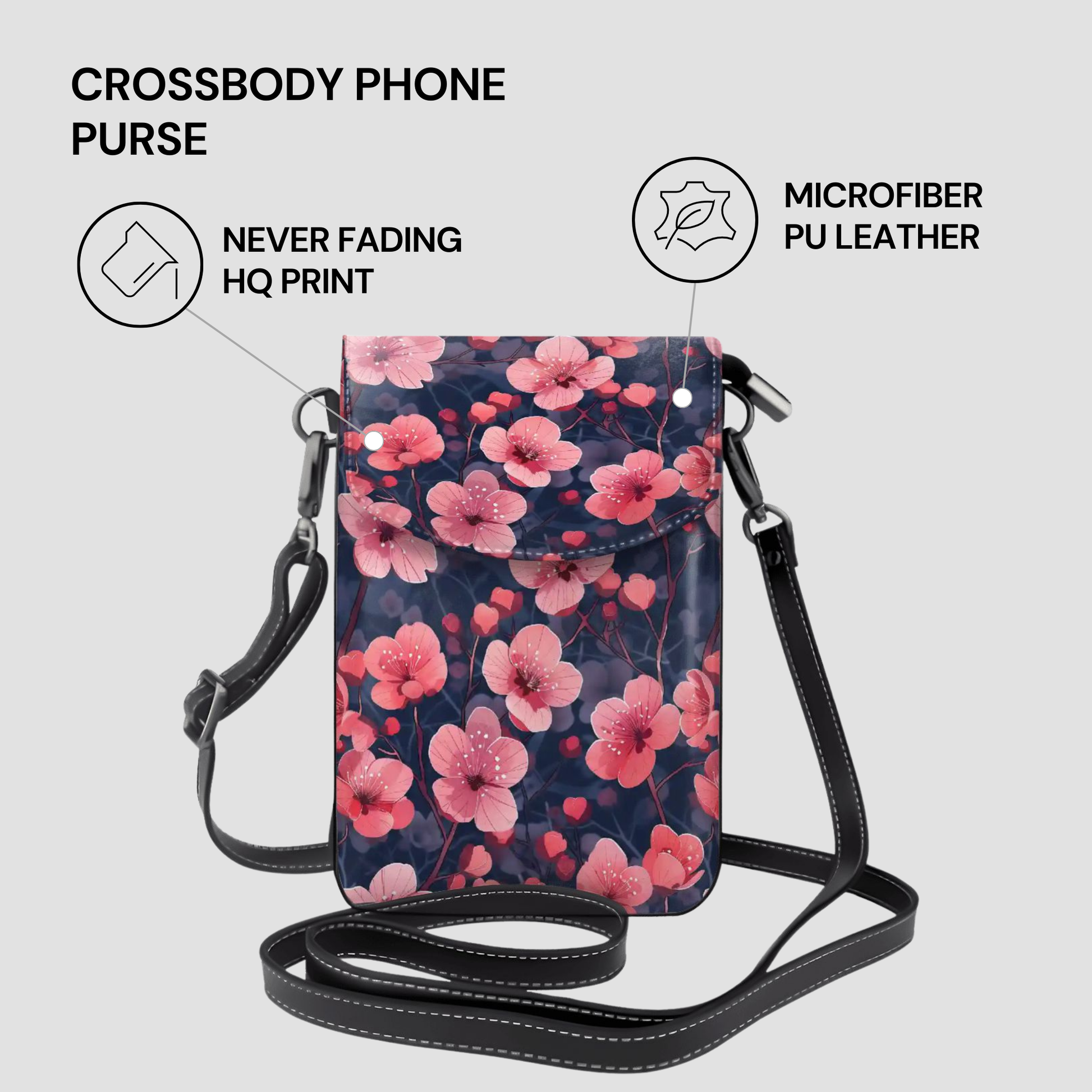 Floral crossbody phone purse with features listed on a light gray background