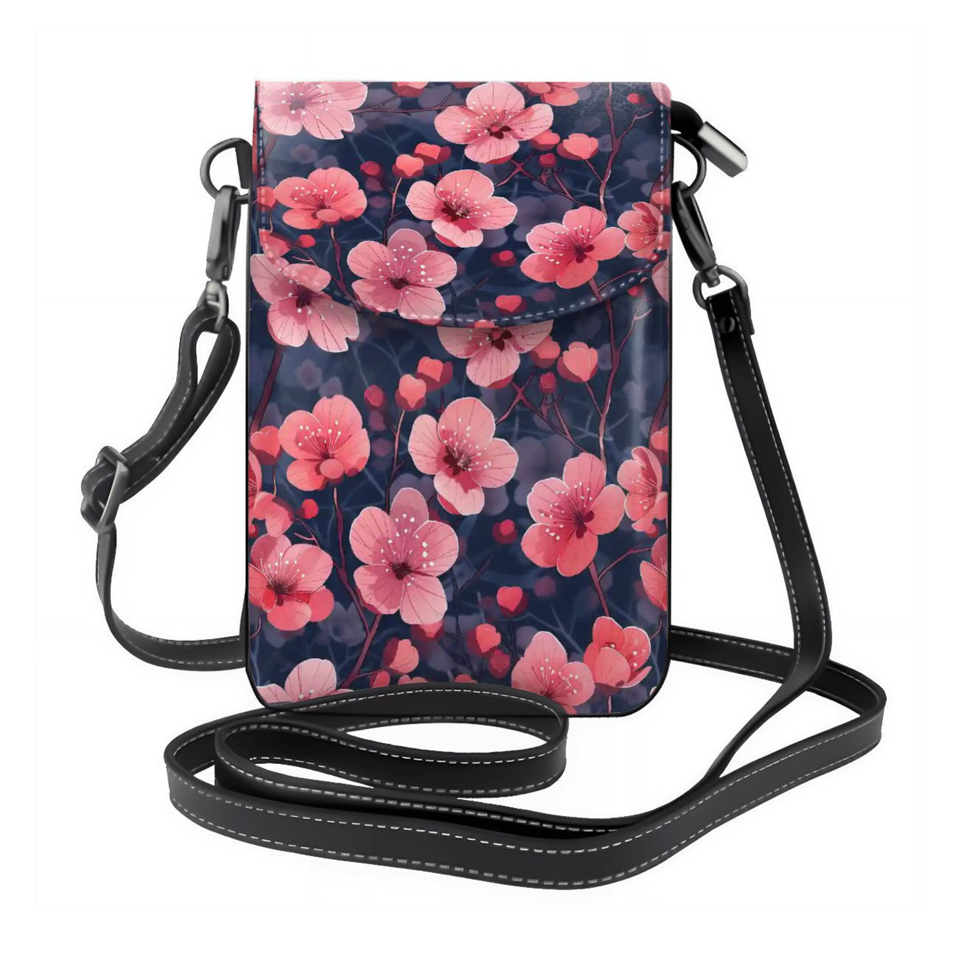 Floral patterned crossbody bag with pink flowers on a dark blue background