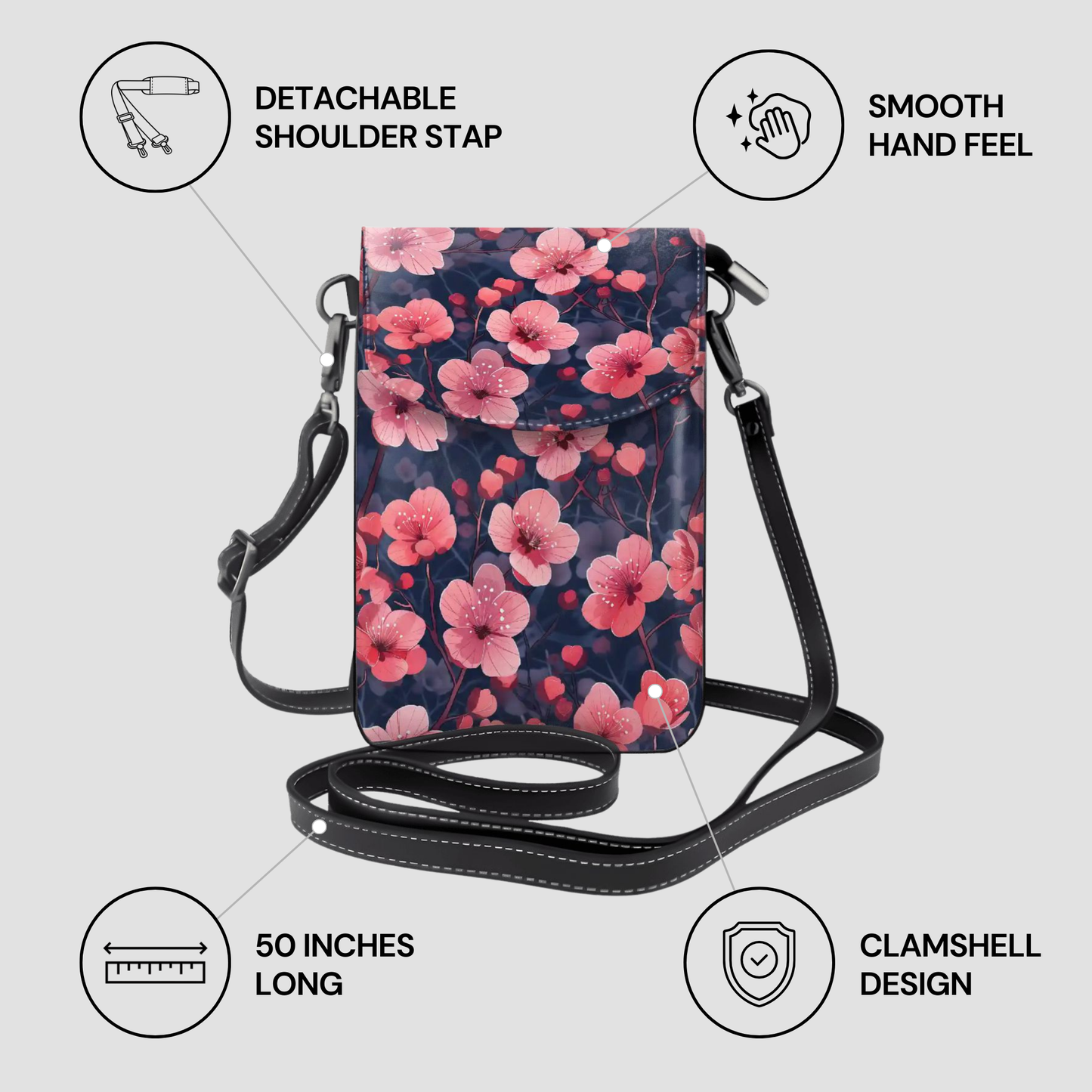 Floral patterned crossbody bag with features highlighted on a light gray background