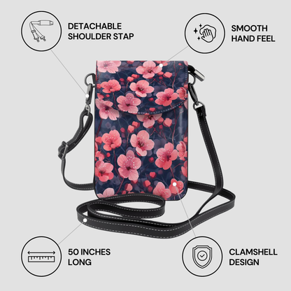Floral patterned crossbody bag with features highlighted on a light gray background