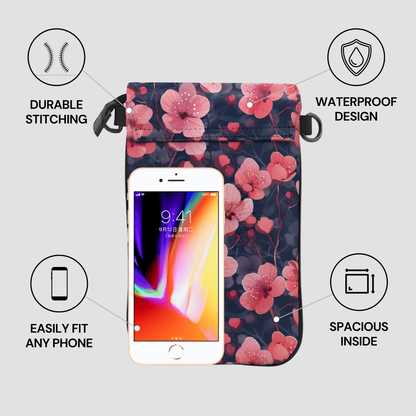 Floral phone pouch with smartphone inside, featuring durability and waterproof design features.