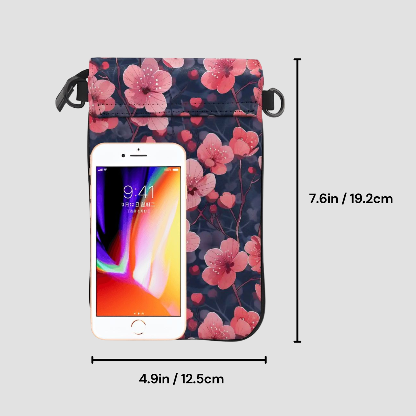 Floral-patterned pouch with a smartphone inside, showing dimensions on a light gray background