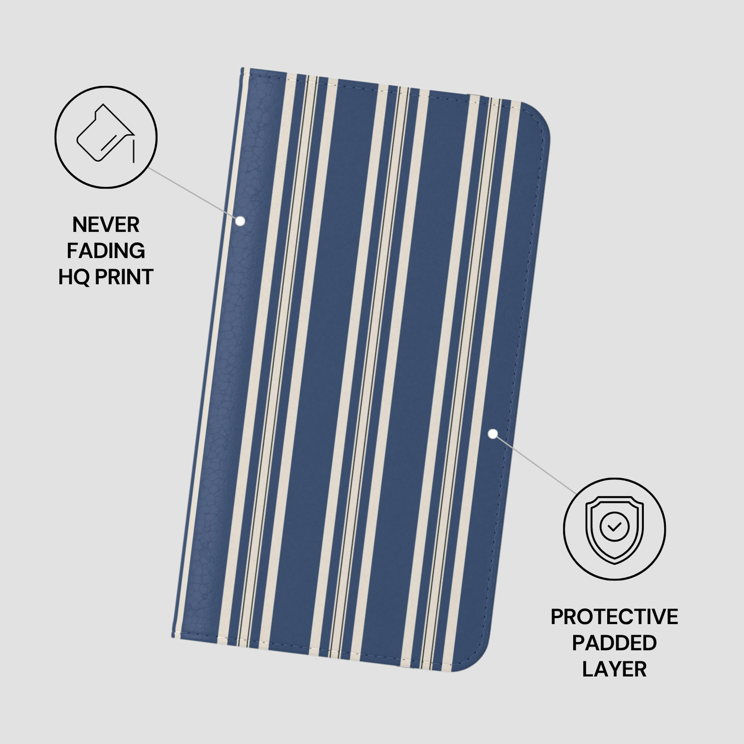 Blue and white striped product with 'Never Fading HQ Print' and 'Protective Padded Layer' text on a gray background