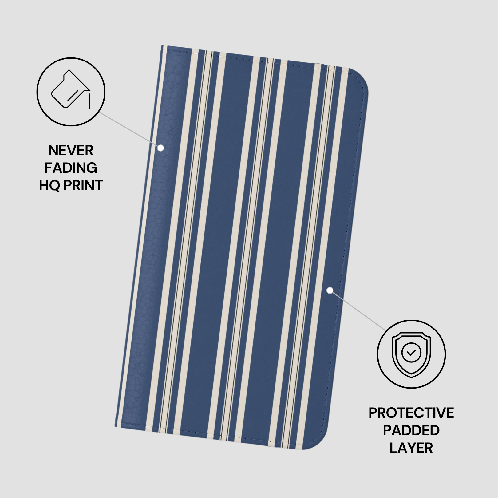 Blue and white striped product with 'Never Fading HQ Print' and 'Protective Padded Layer' text on a gray background