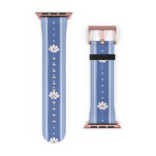A light blue watch band with white vertical stripes, white daisy flowers, and small white dots, shown in two views with a rose gold buckle on a white background.