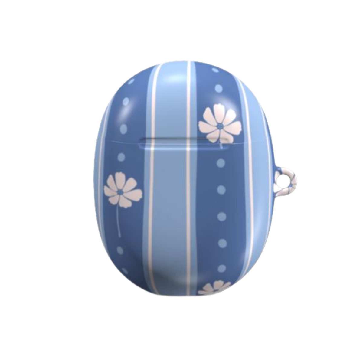A glossy blue AirPods case with a vertical stripe pattern, white polka dots, and white daisy flowers, featuring a small metal loop on the side.